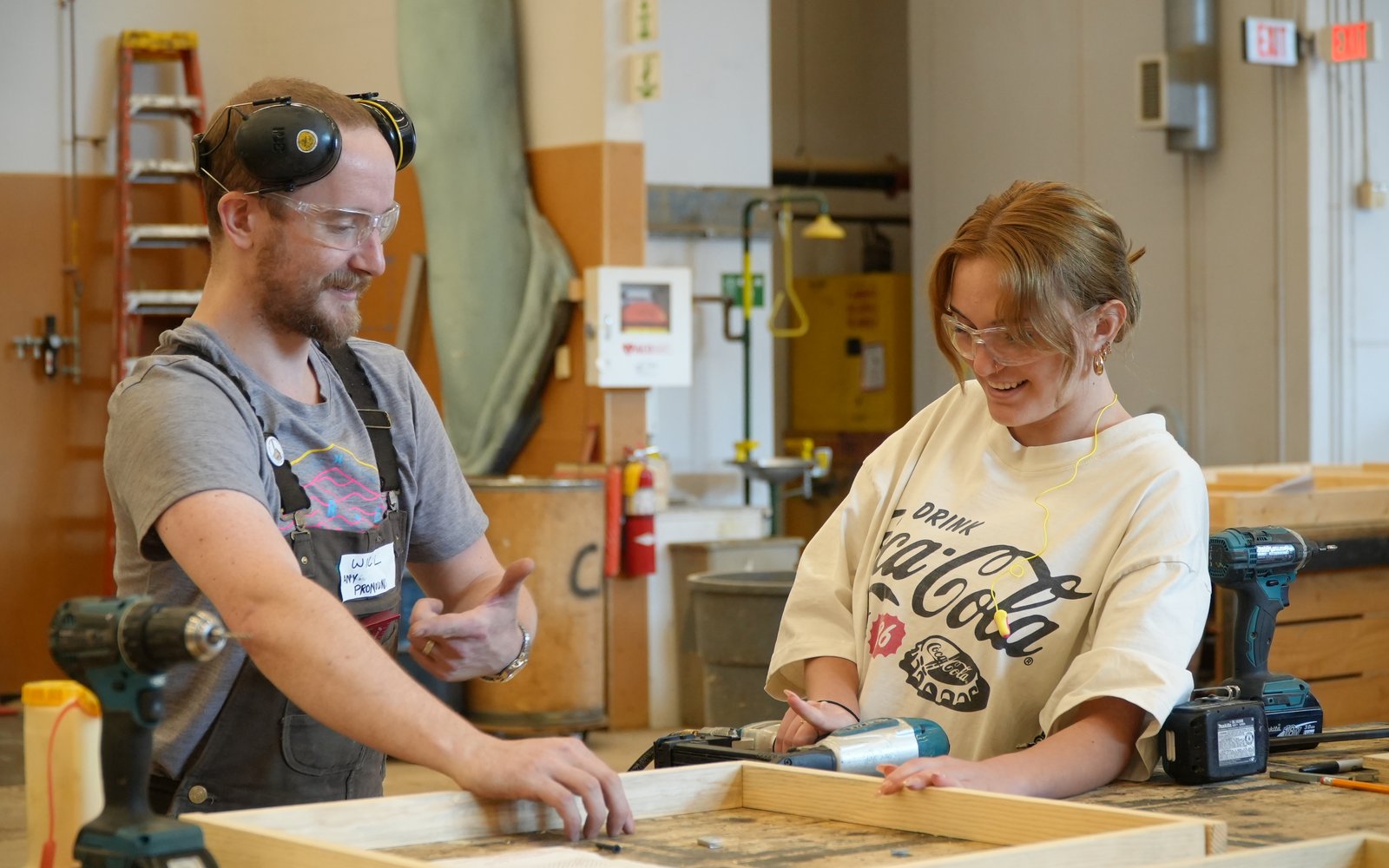 A Guthrie carpenter and summer camper work on a project during a technical theater camp (Ebbie Benson)