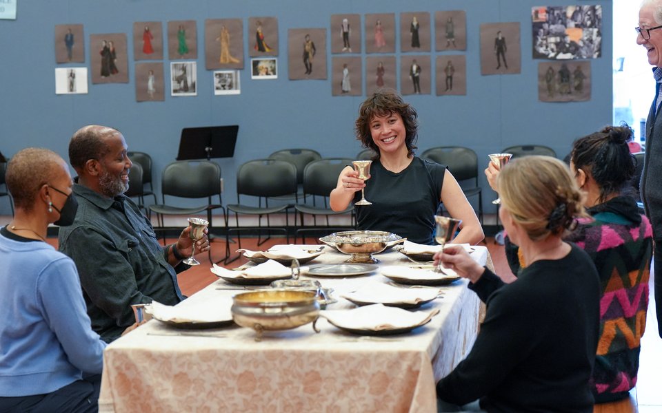 Cast members of the 2026 production of Macbeth rehearse a scene