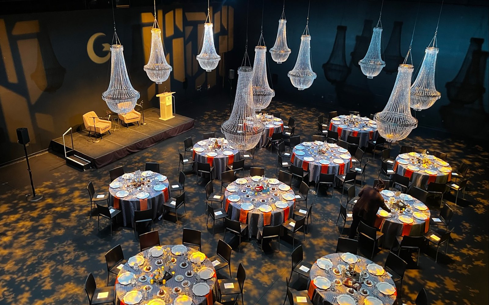 A bird's-eye view of the Dowling Studio set up for an Opening Night dinner.