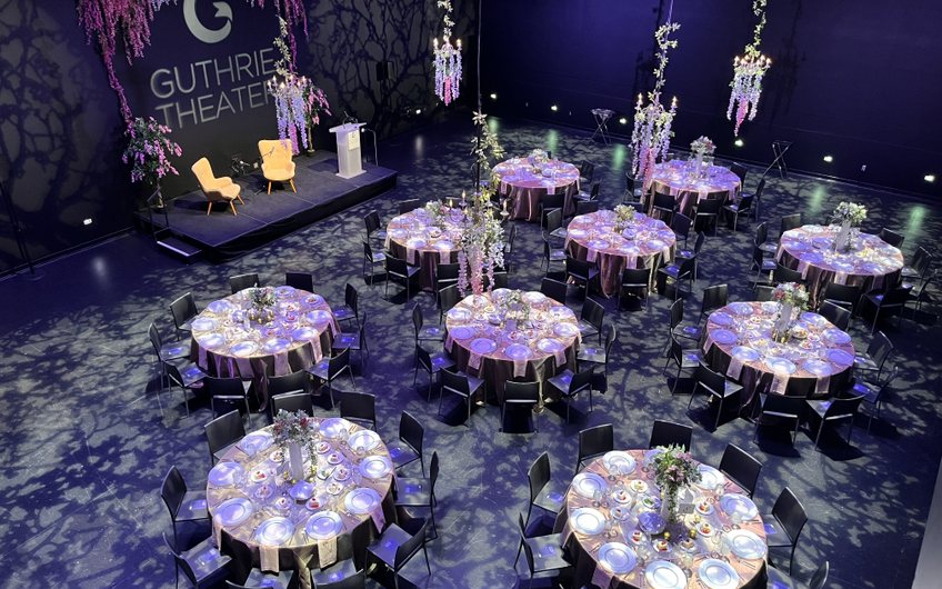 An opening night celebration tablescape in the Dowling Studio
