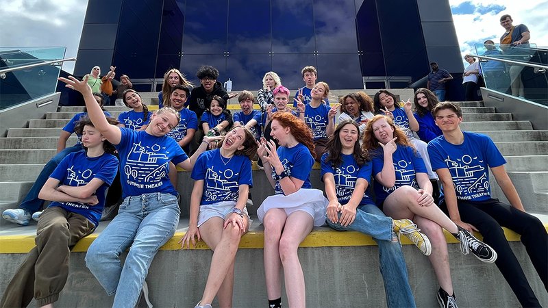 A group of Guthrie Summer Campers on the Endless Bridge making silly faces for a group photo